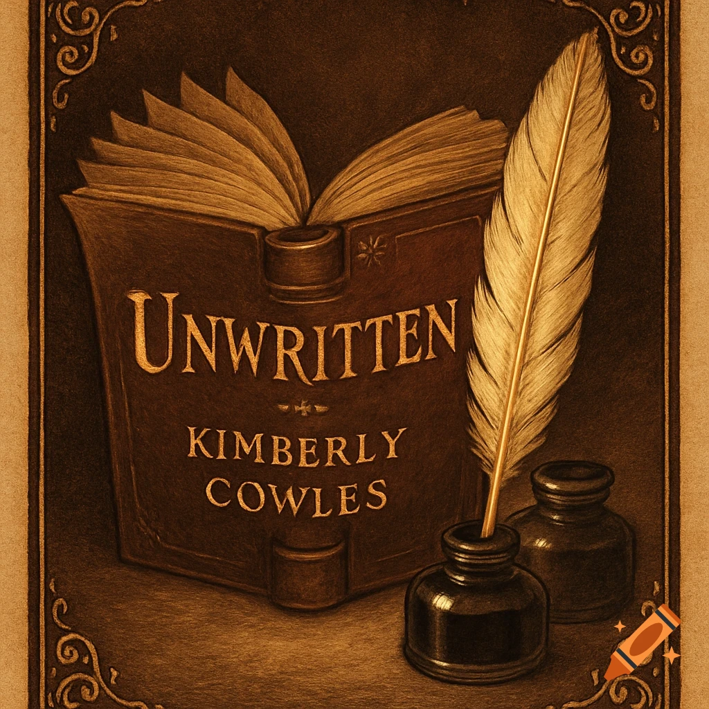 An illustration of an old, open book titled 'Unwritten' by Kimberly Cowles, with a feather quill pen in an ink bottle, all in sepia tones with gold accents.