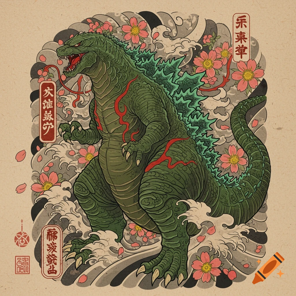 A traditional Japanese tattoo-style illustration of Godzilla, with cherry blossoms and waves on a brown background.