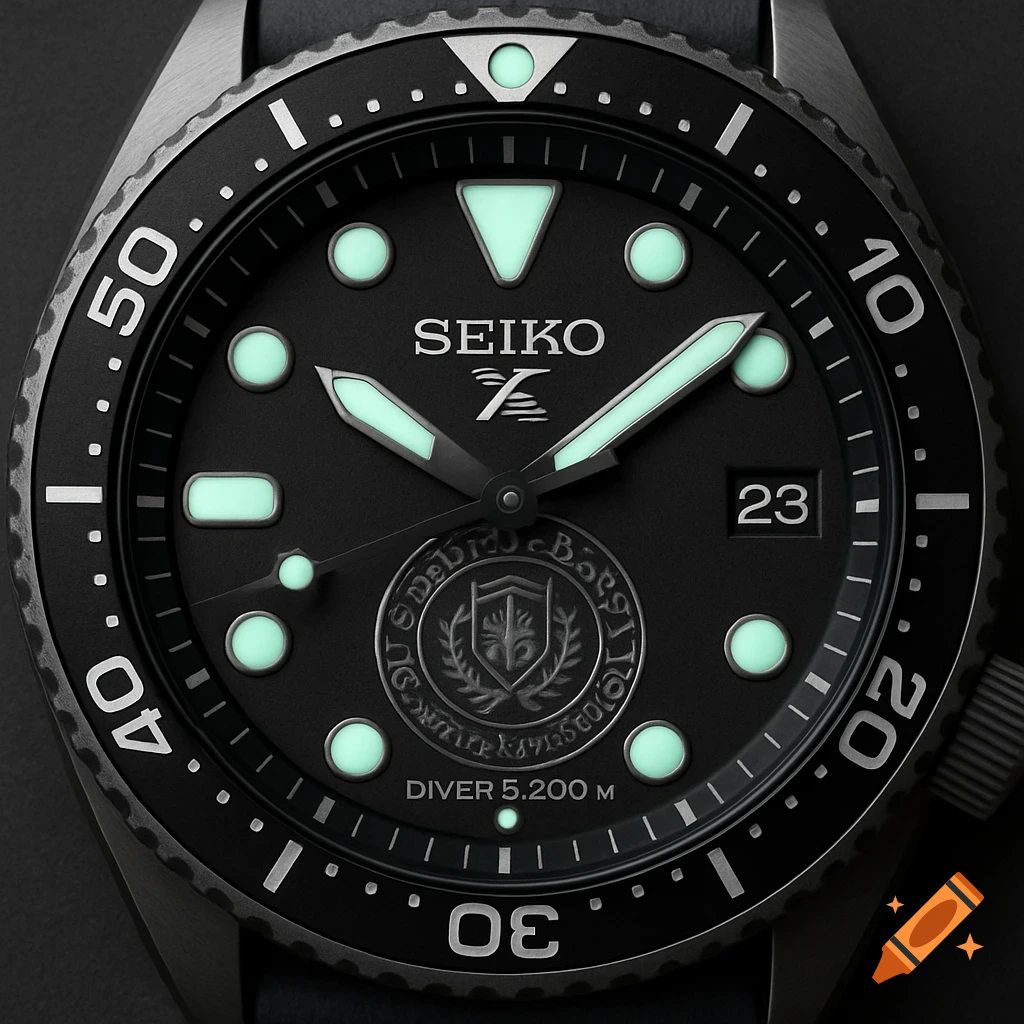 Close-up of a black Seiko dive watch with glowing green markers, a date window, and a central emblem.
