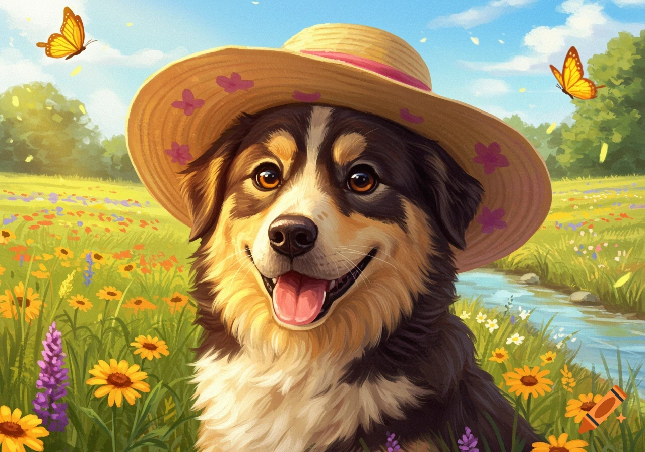 A happy dog in a straw hat in a colorful meadow with flowers and butterflies, in an illustrative style.