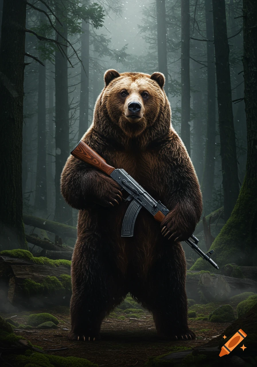 A photorealistic brown bear stands upright, holding an AK-47 in a dark, misty forest.