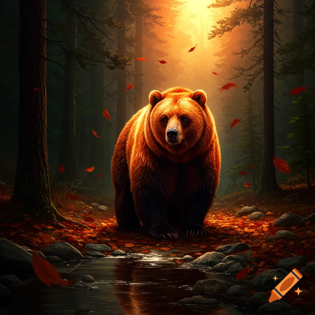A photorealistic image of a large brown bear standing in a sunlit autumn forest with fallen red leaves and a small stream.