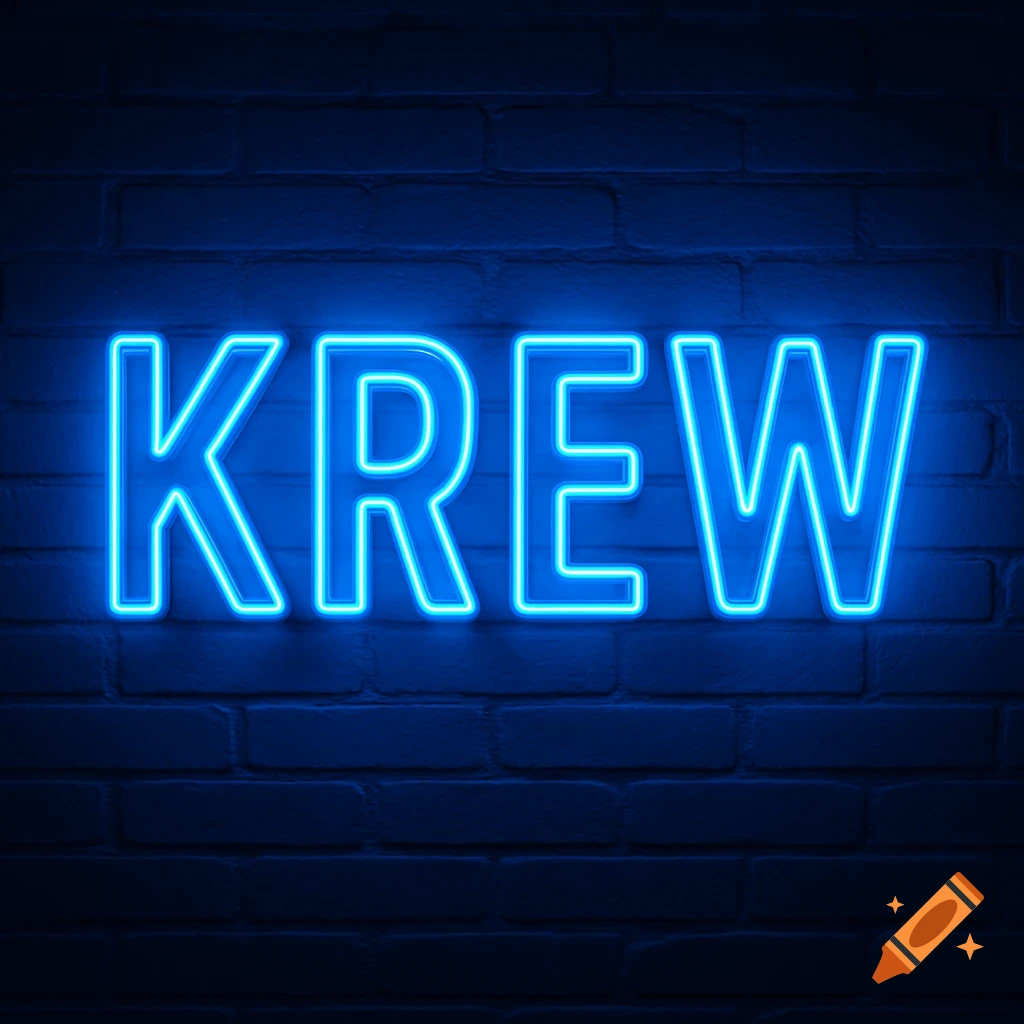 A blue neon sign spelling 'KREW' on a dark blue brick wall.