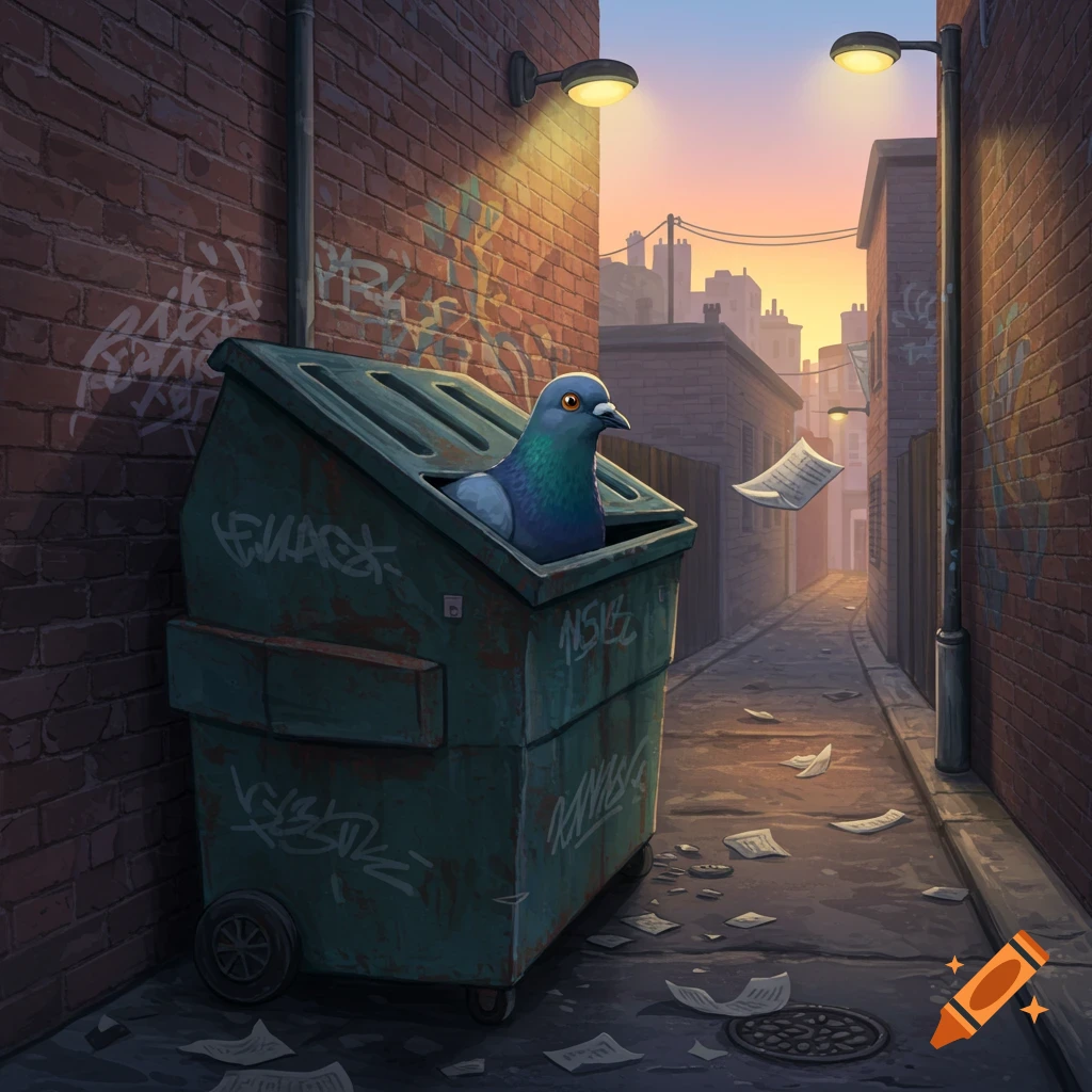 A blue-grey pigeon peeks out of a green dumpster in a dimly lit brick alleyway at dusk, with paper trash on the ground.