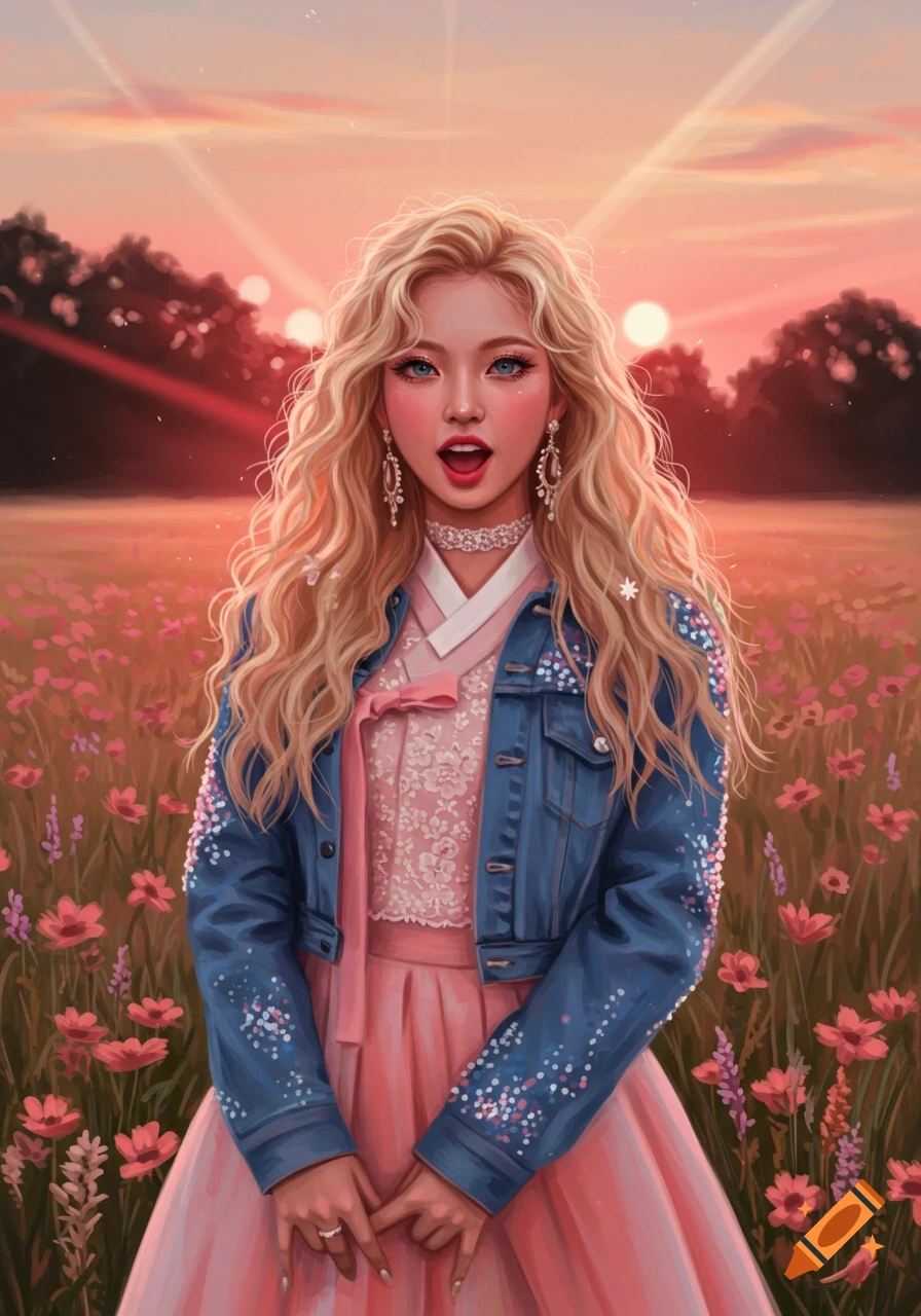 A digitally painted portrait of a blonde woman in a pink dress and blue denim jacket, standing in a field of pink flowers at sunset.