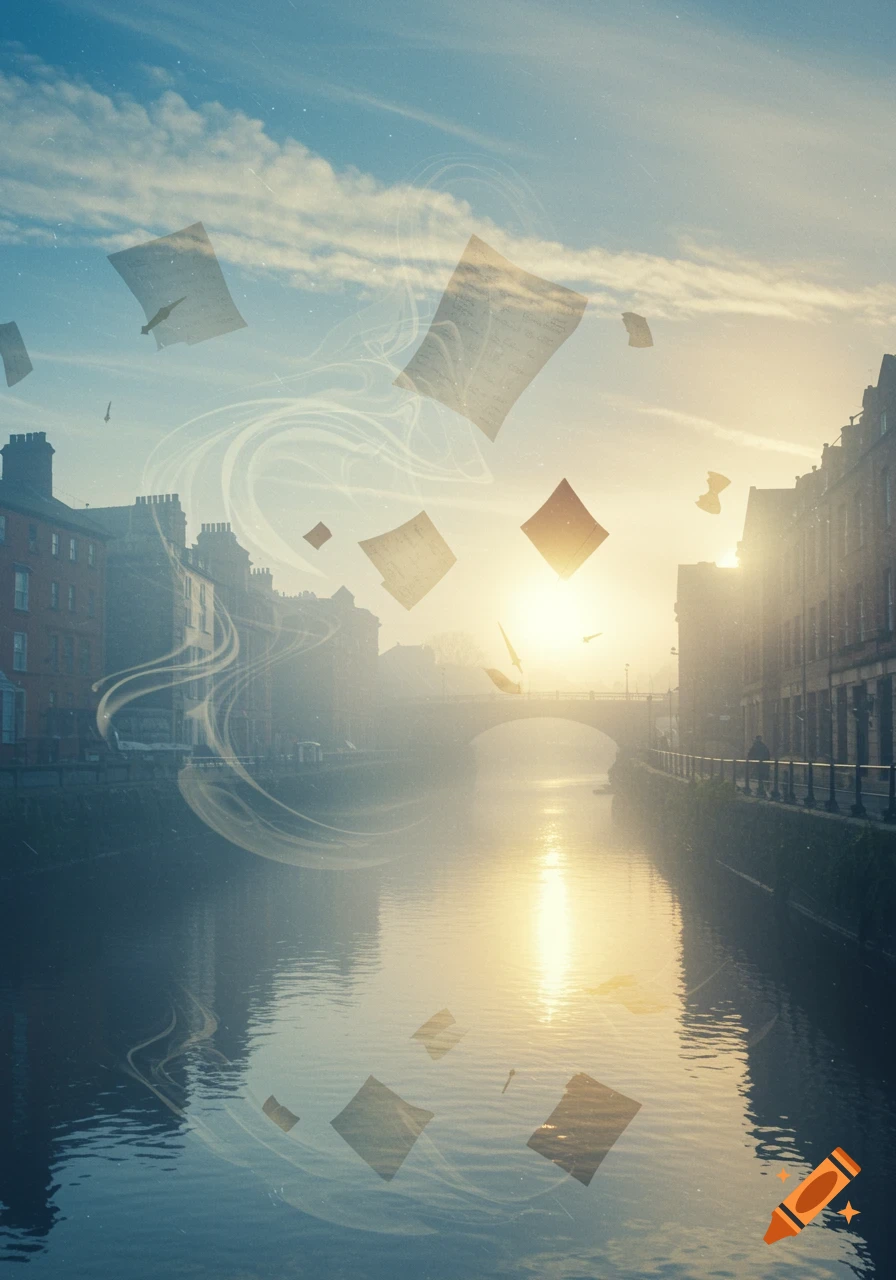Misty cityscape river scene at sunrise with a bridge and buildings, featuring swirling light and papers floating in the air.