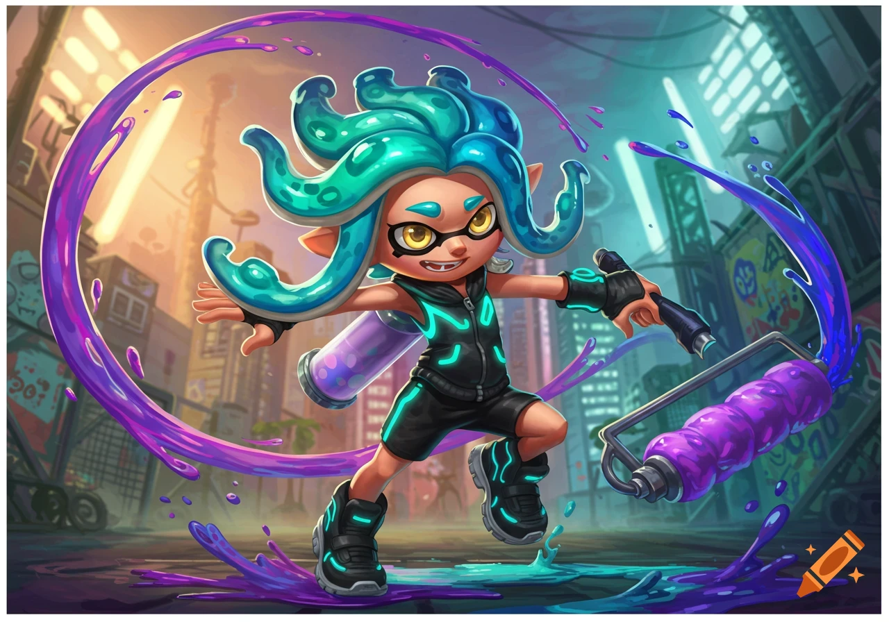 An energetic, stylized Splatoon Inkling-like character with teal tentacles and goggles, wielding a purple paint roller in a city setting.