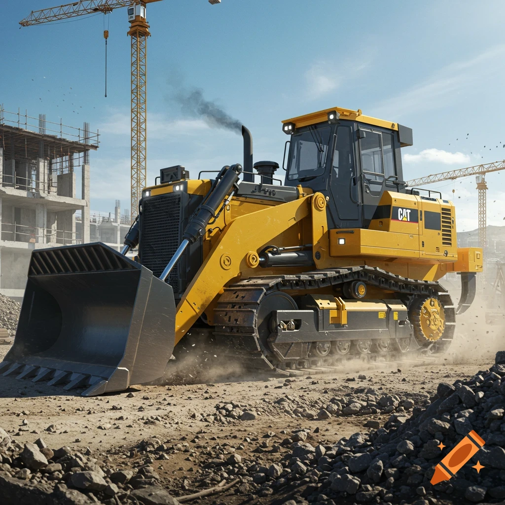 Photorealistic image of a yellow CAT track loader at a dusty construction site with cranes and buildings in the background.