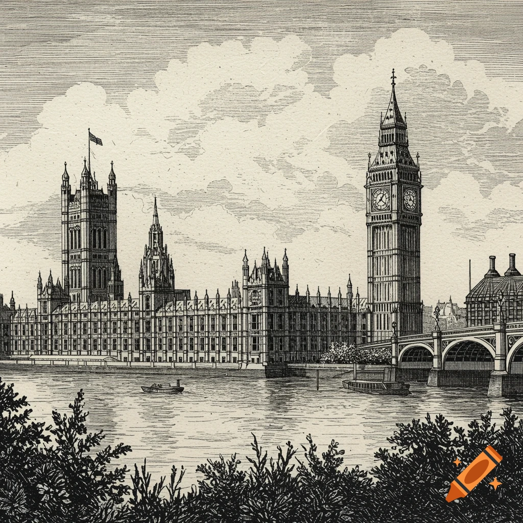 An etching of the Houses of Parliament and Big Ben in London, seen across the River Thames with boats and foreground trees.