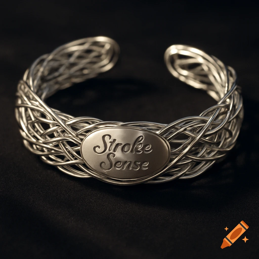 A silver, braided wire cuff bracelet with an oval plate engraved with "Stroke Sense" on a dark background.