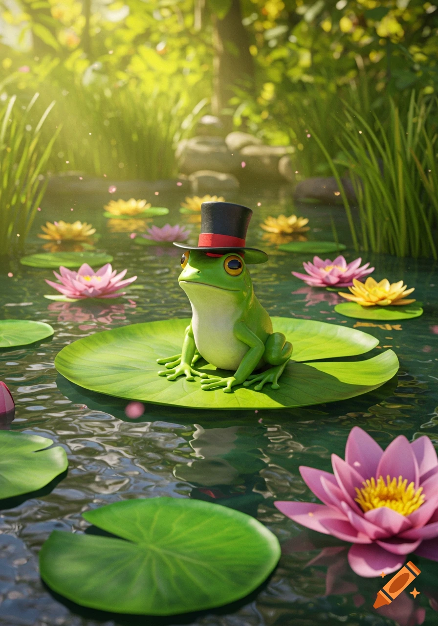 A charming green frog wearing a black top hat with a red band sits on a lily pad in a pond filled with pink and yellow water lilies.