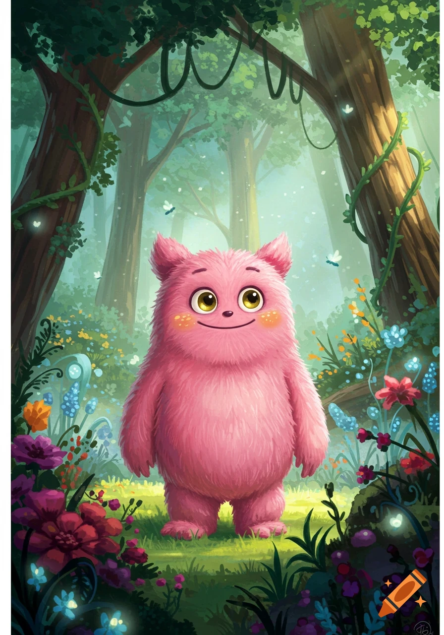 A cute, fluffy pink monster with large yellow eyes and a wide smile stands in a vibrant, magical forest clearing filled with colorful flowers and glowing fireflies, in a digital illustration style.
