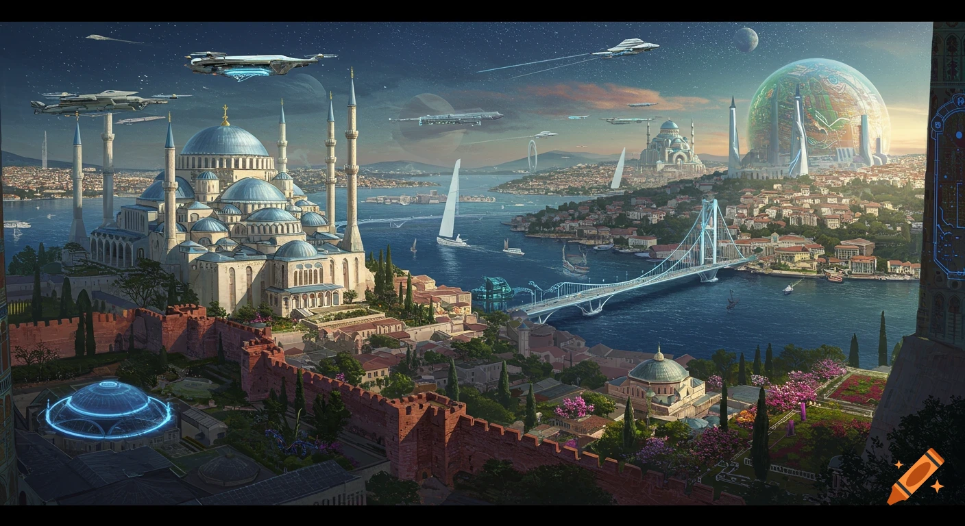 A sprawling futuristic city blends traditional architecture with advanced technology under a starlit sky, featuring flying vehicles and glowing structures.