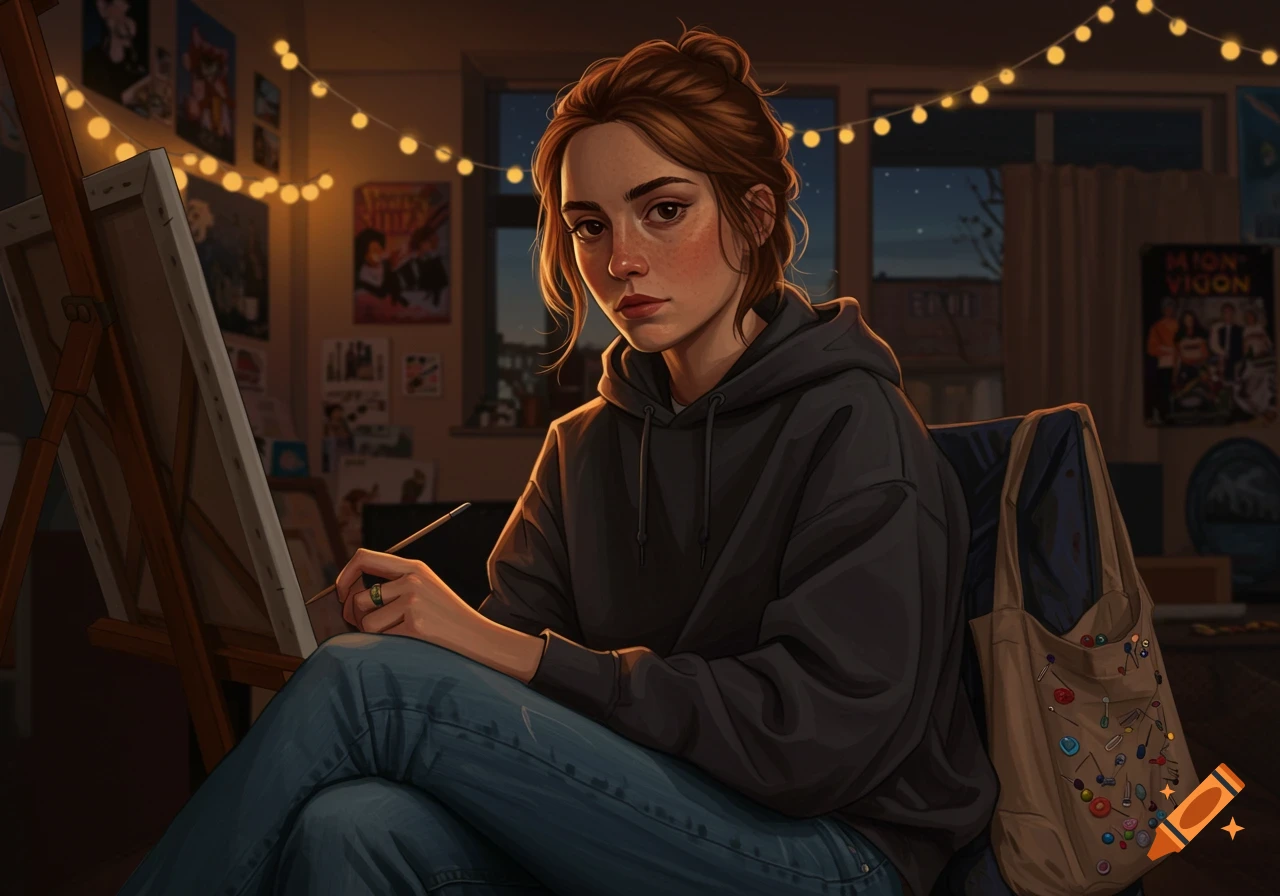 A young woman with auburn hair in a dark hoodie and jeans paints on an easel in a cozy, dim room lit by string lights, in an illustrative style.