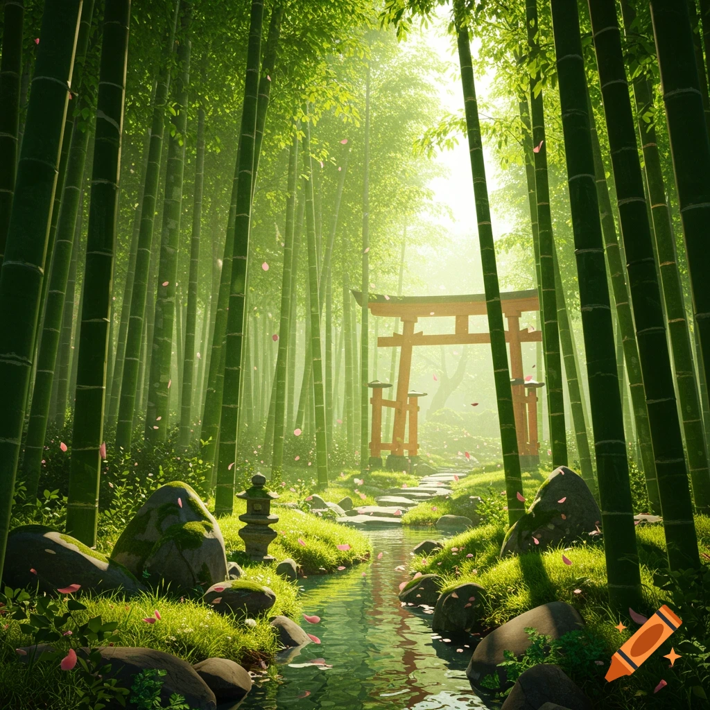 A vibrant bamboo forest with a red torii gate, sunlit path, small stream, and falling pink petals.