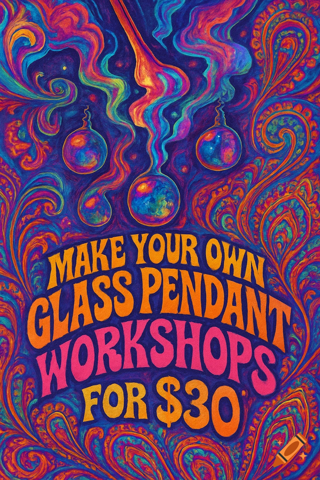 A vibrant psychedelic poster advertises 'MAKE YOUR OWN GLASS PENDANT WORKSHOPS FOR $30' with colorful swirling patterns and glass baubles.