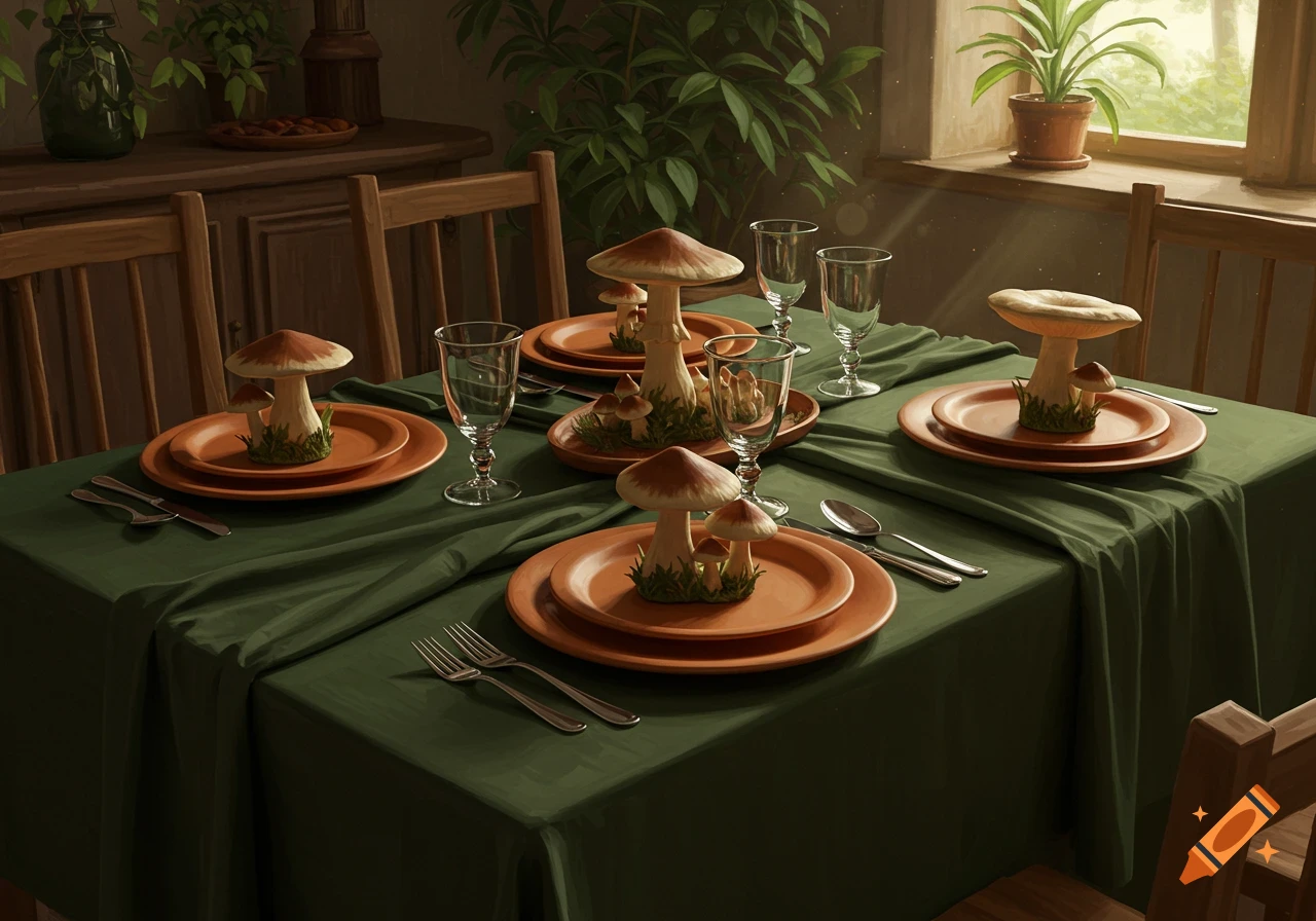 A dining table set with a dark green tablecloth, terracotta plates, and mushroom decorations under sunlight.