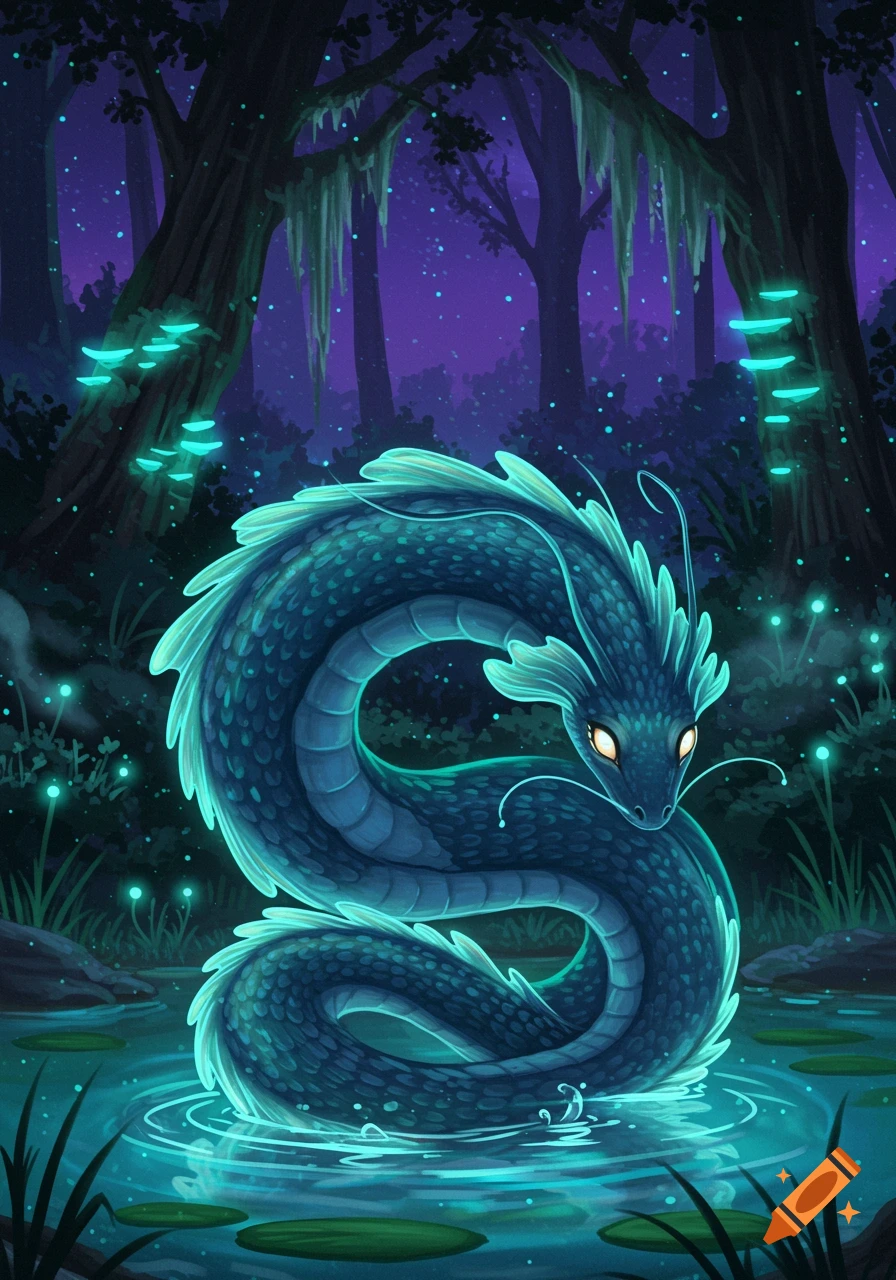 A vibrant blue glowing serpentine creature coils in a mystical forest pond with glowing mushrooms and fireflies at night.