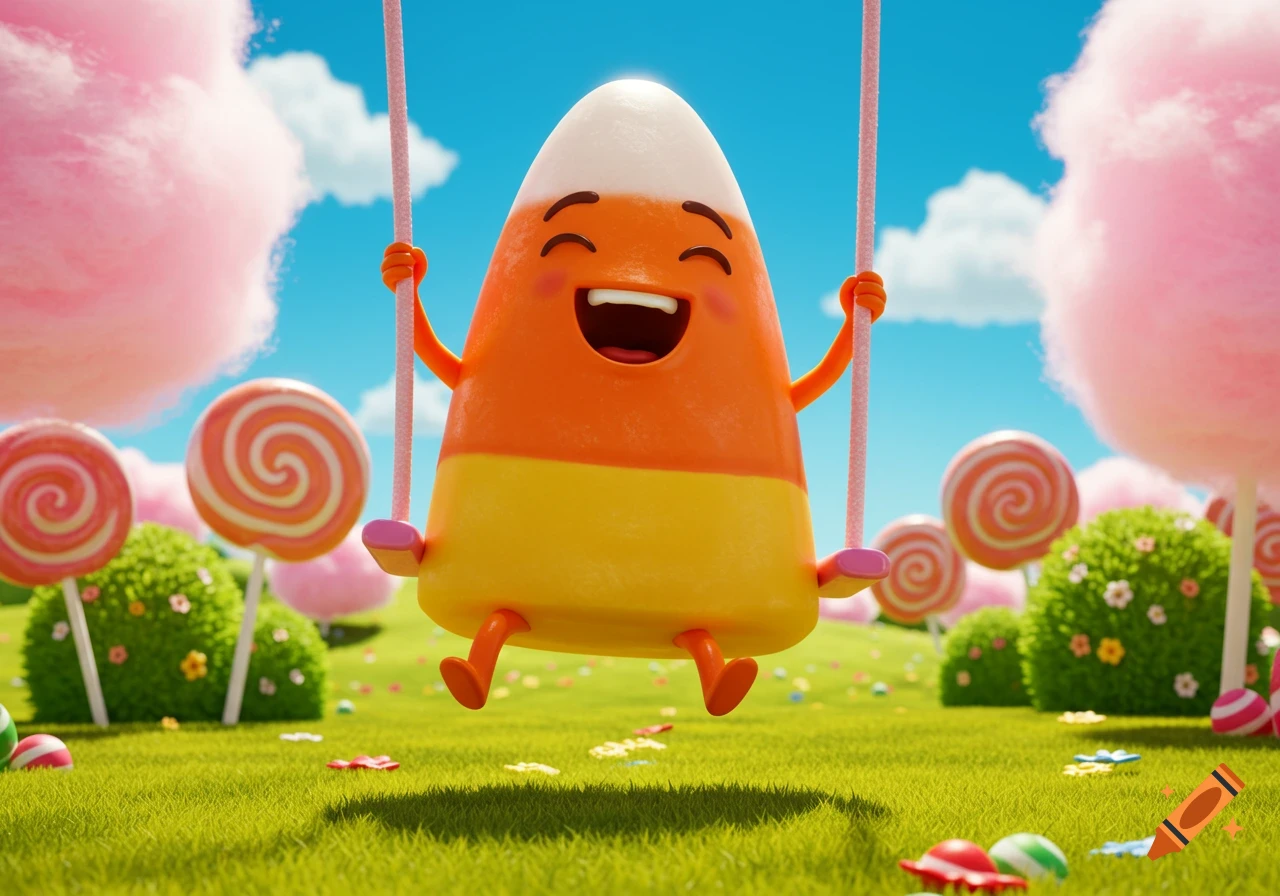 A happy 3D candy corn character swings in a whimsical candy land with lollipops, cotton candy clouds, and green grass.