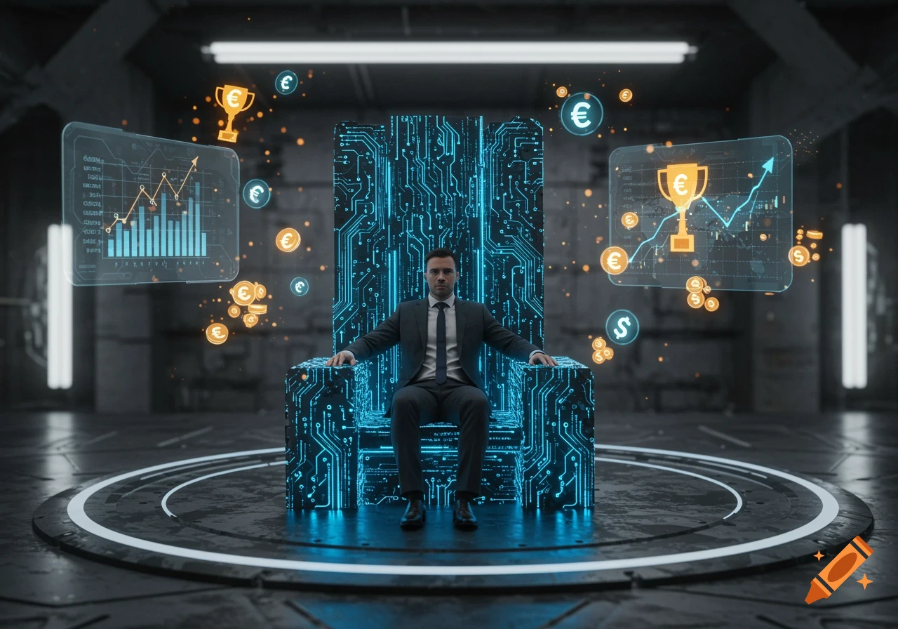 Man in a suit sits on a glowing circuit board throne, surrounded by floating holographic financial graphs and currency symbols.
