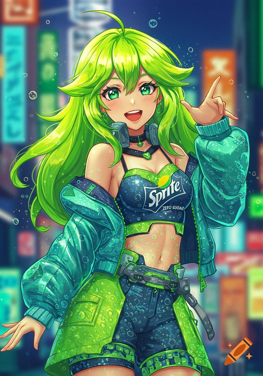 Vibrant anime girl with neon green hair and green eyes, wearing a Sprite-themed outfit with bubbles, in a city.