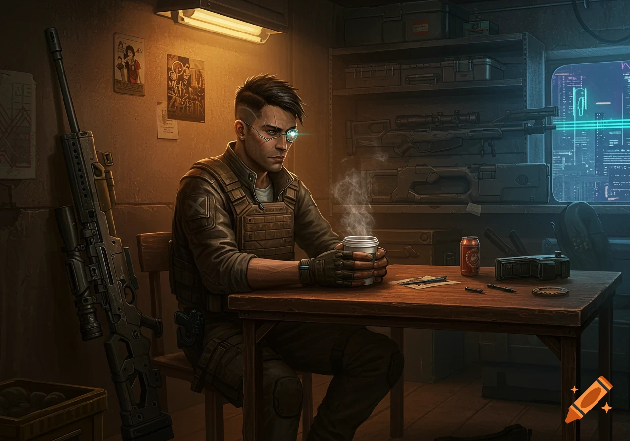 A lean sharpshooter with a cybernetic eye sits at a wooden table in a cyberpunk safehouse, holding a steaming mug. A sniper rifle leans against the wall, and a neon city skyline is visible through a window.
