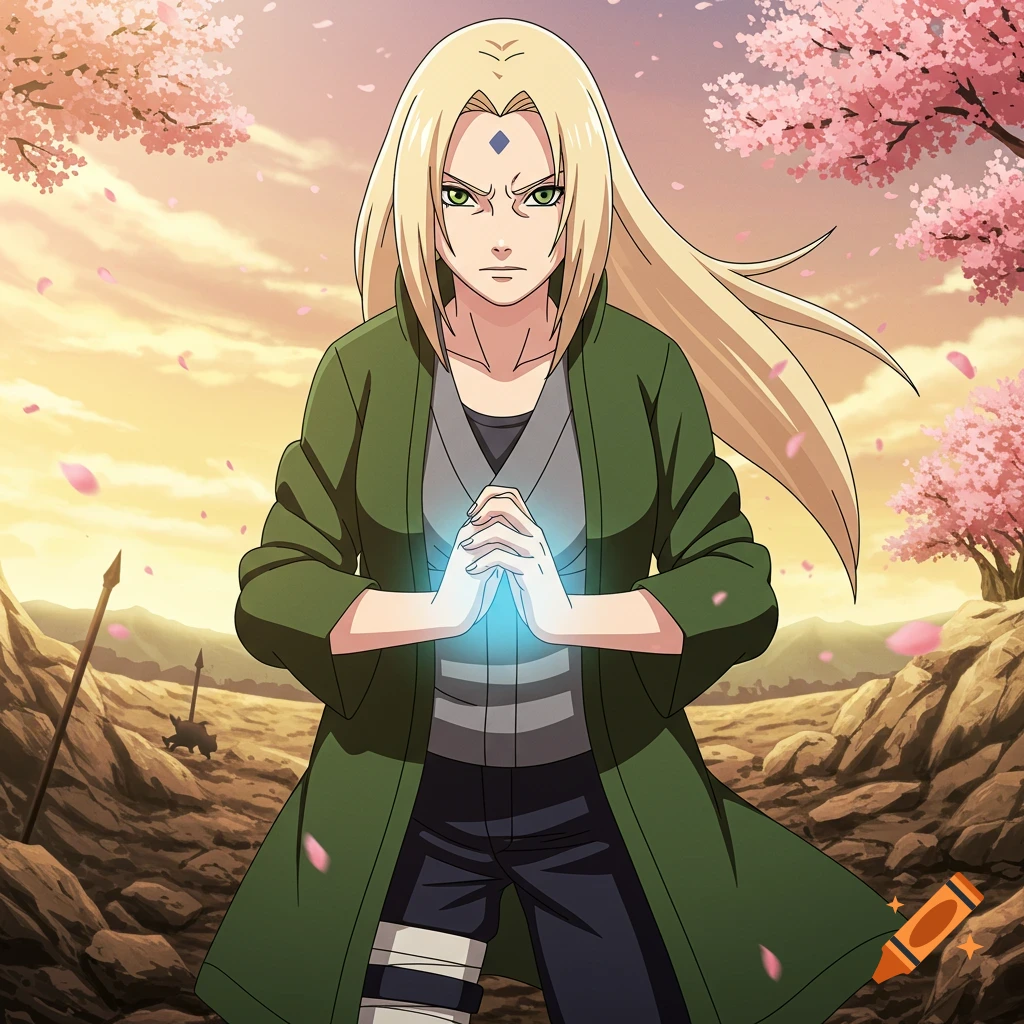 Anime character Tsunade with blonde hair and green eyes, hands clasped with blue energy, standing in a rocky landscape with cherry blossom trees.