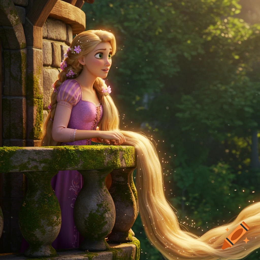 A young woman with long blonde hair and a purple dress leans from a mossy stone balcony, looking towards sunlit green trees.