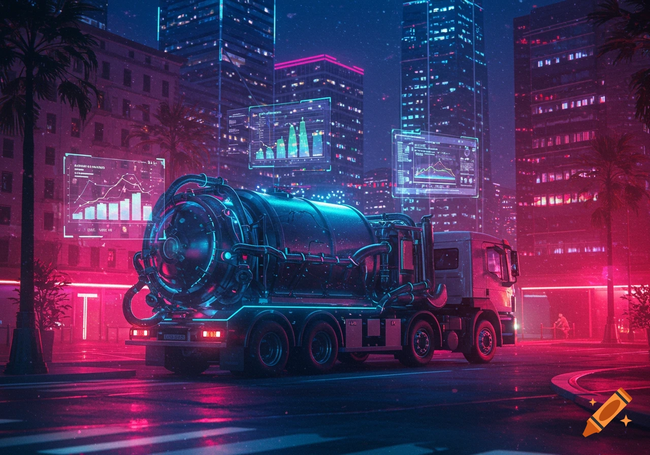 A neon-lit futuristic vacuum truck on a wet city street at night, with holographic data screens and towering buildings in the background.