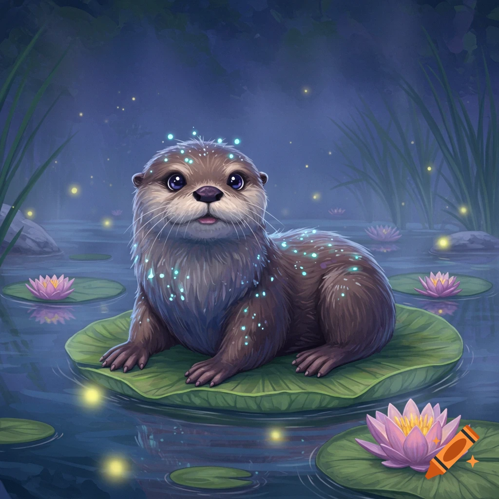 A cute otter with glowing blue specks on its fur sits on a lily pad in a magical pond at night, surrounded by water lilies and fireflies.
