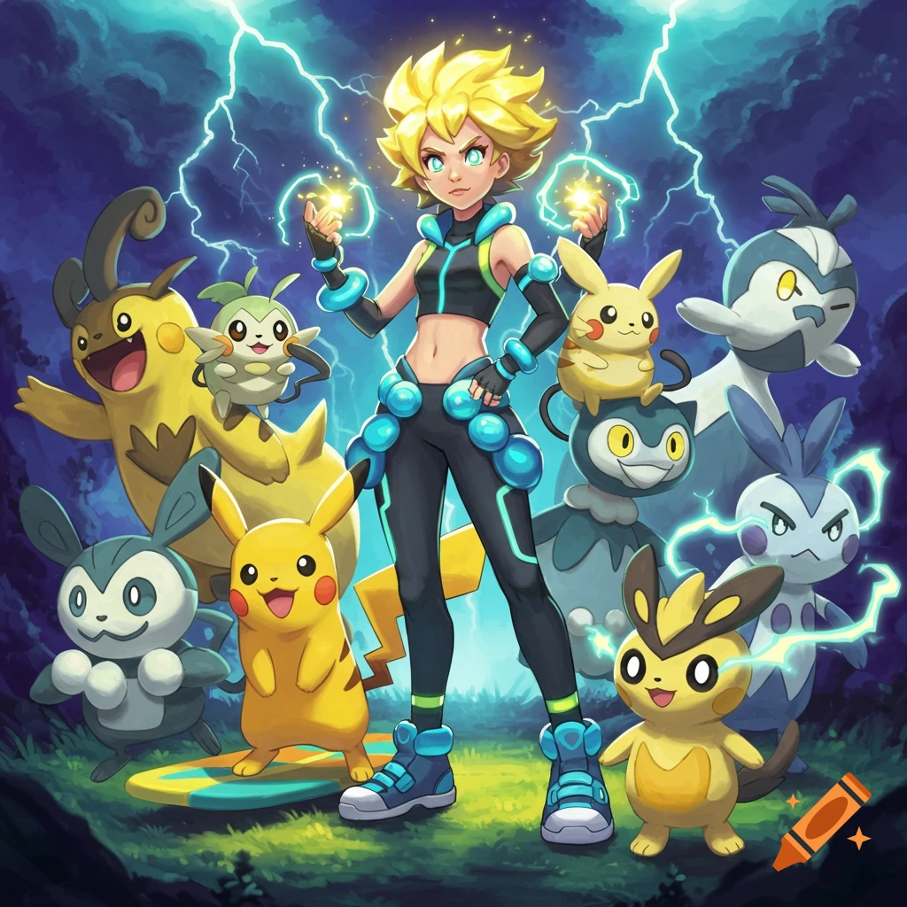 Anime electric Pokemon trainer with spiky blonde hair stands with various Pokemon, including Pikachu, under a stormy, lightning sky.