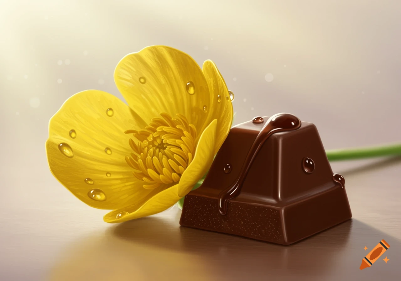 A close-up of a yellow buttercup with water droplets next to a piece of dark chocolate with melted chocolate and droplets on a table.