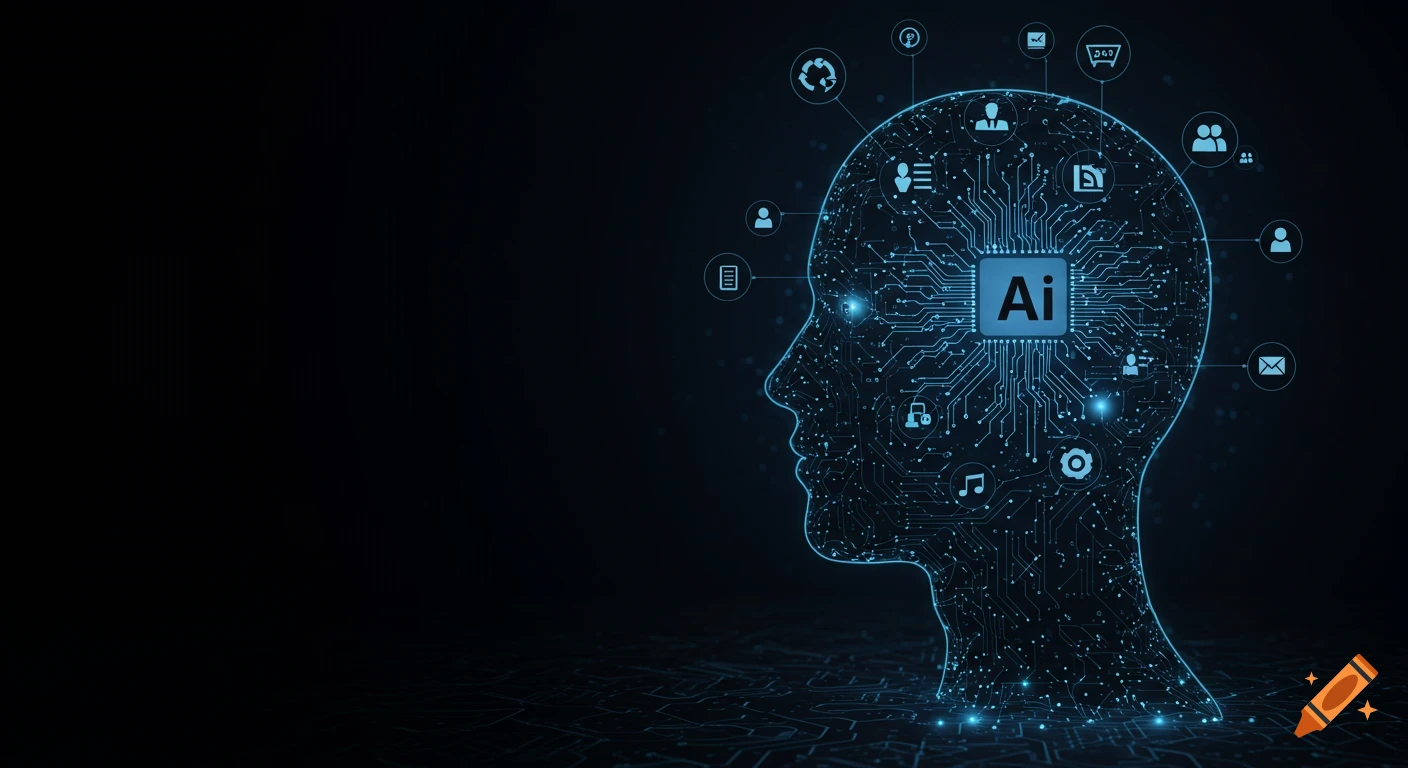 A glowing blue outline of a human head in profile, filled with circuit board patterns and various technology icons, with 'Ai' written prominently in the center on a dark background.