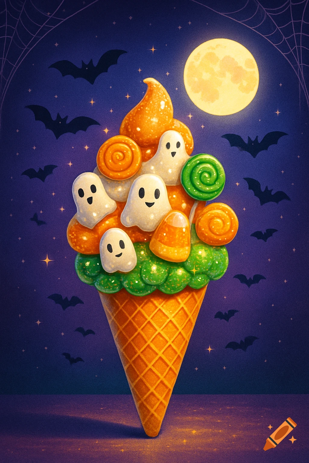 A whimsical Halloween ice cream cone topped with candy corn, swirl candies, and cute ghosts against a starry night sky with bats and a full moon.