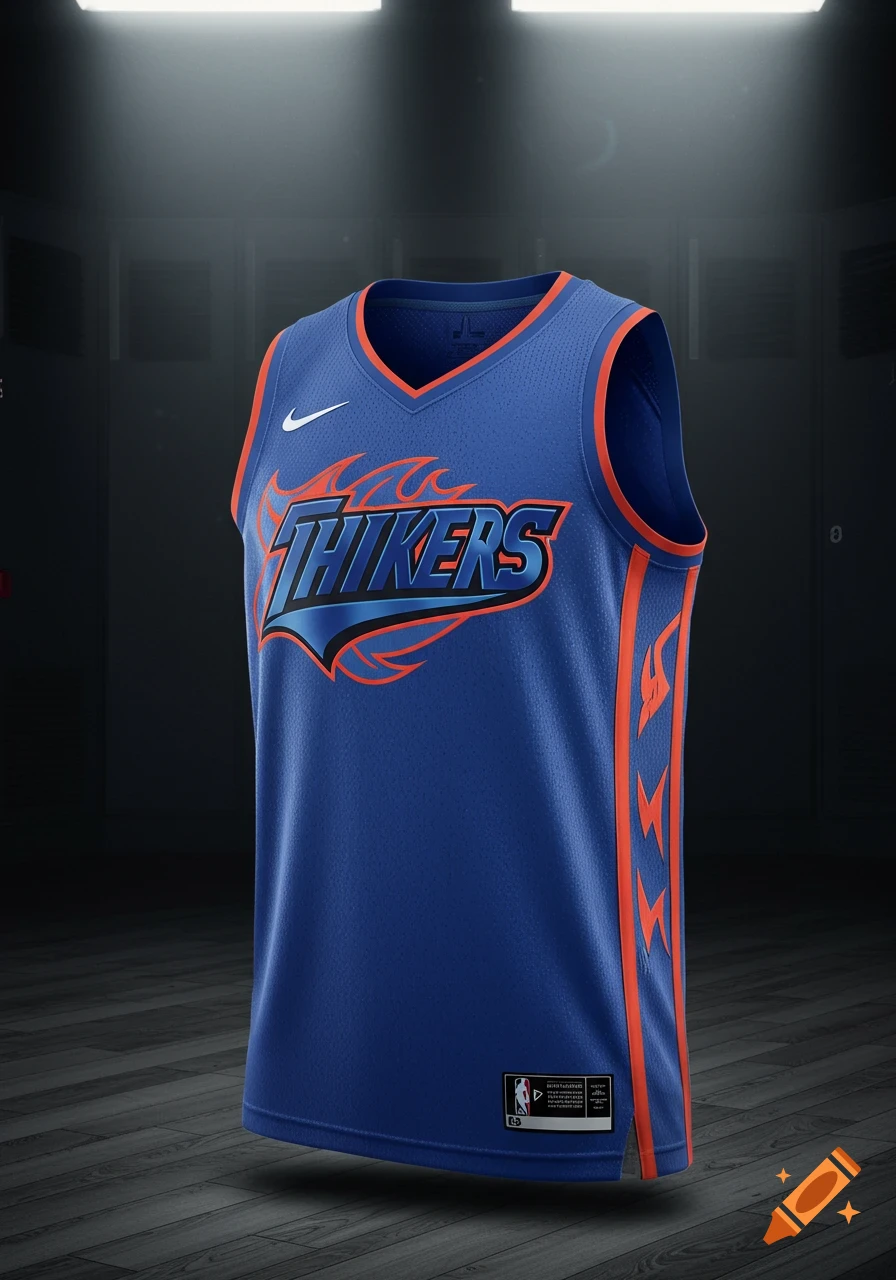A blue basketball jersey with orange flames and "THIKERS" text is displayed in a dark locker room setting.