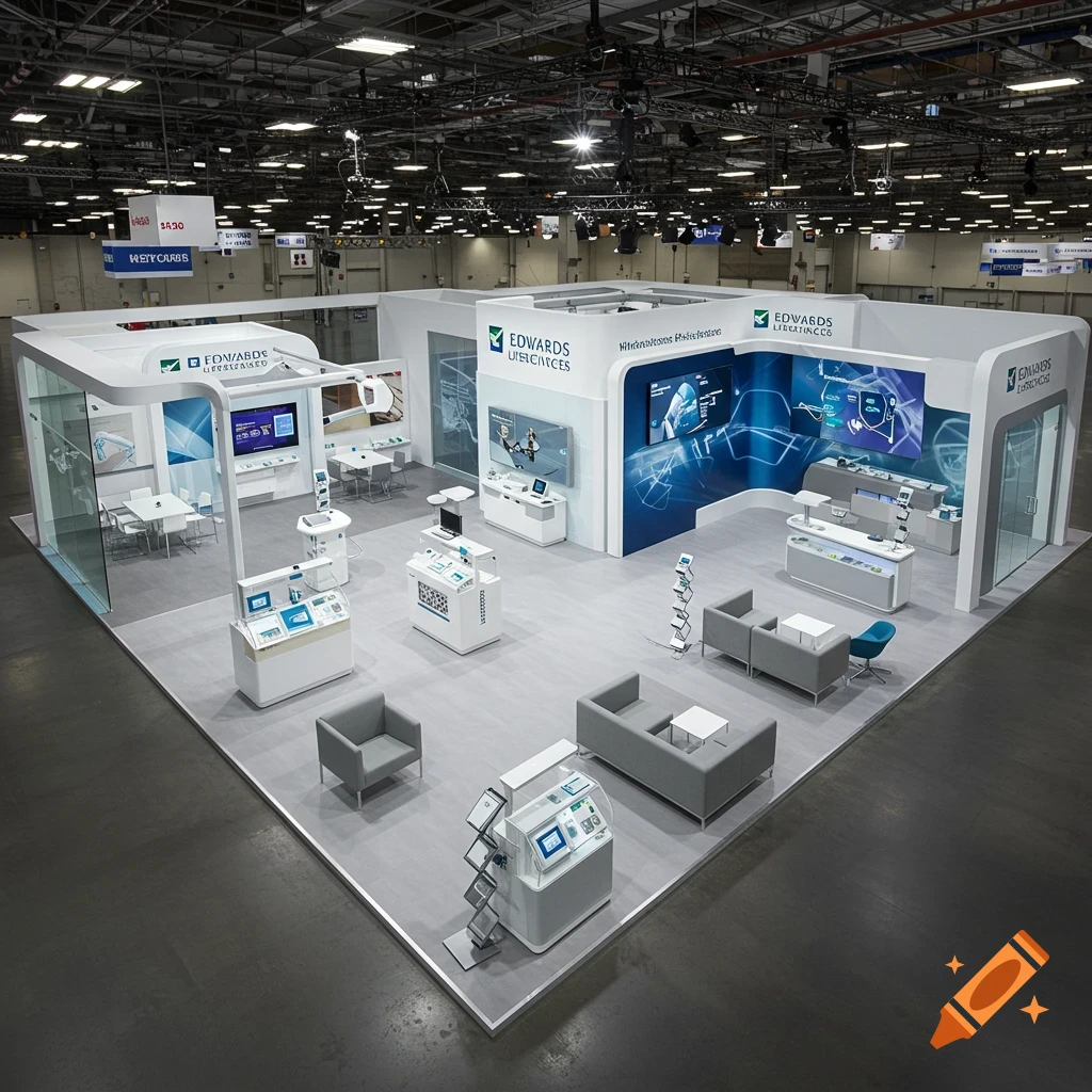 An overhead view of a large, modern Edwards Lifesciences exhibit stand at a trade show, featuring white and blue structures, multiple screens, product display areas, and lounge seating.