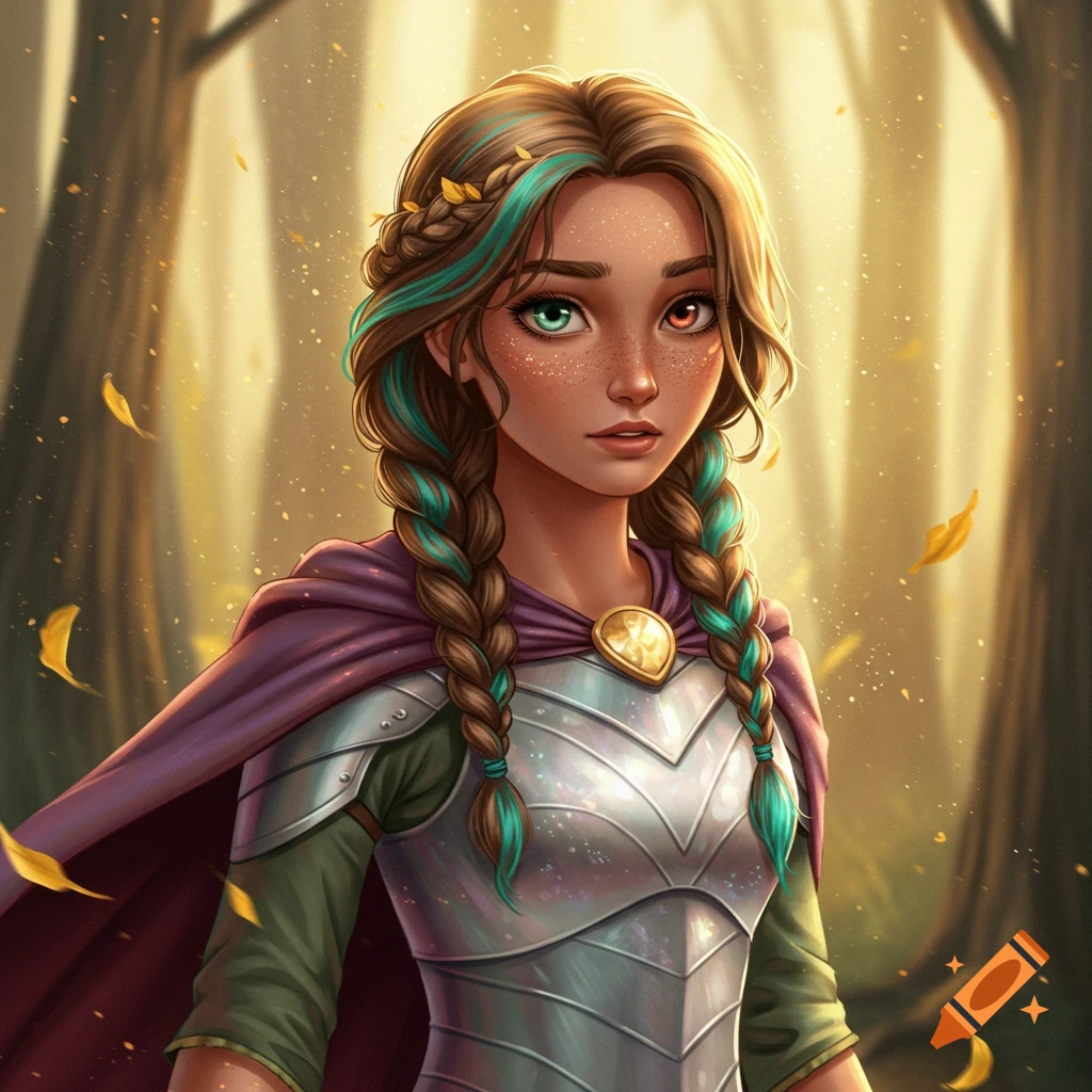 A girl in a stylized animation style, wearing silver armor and a purple cape, stands in a golden forest. She has braided brown hair with teal highlights, freckles, and heterochromatic eyes.