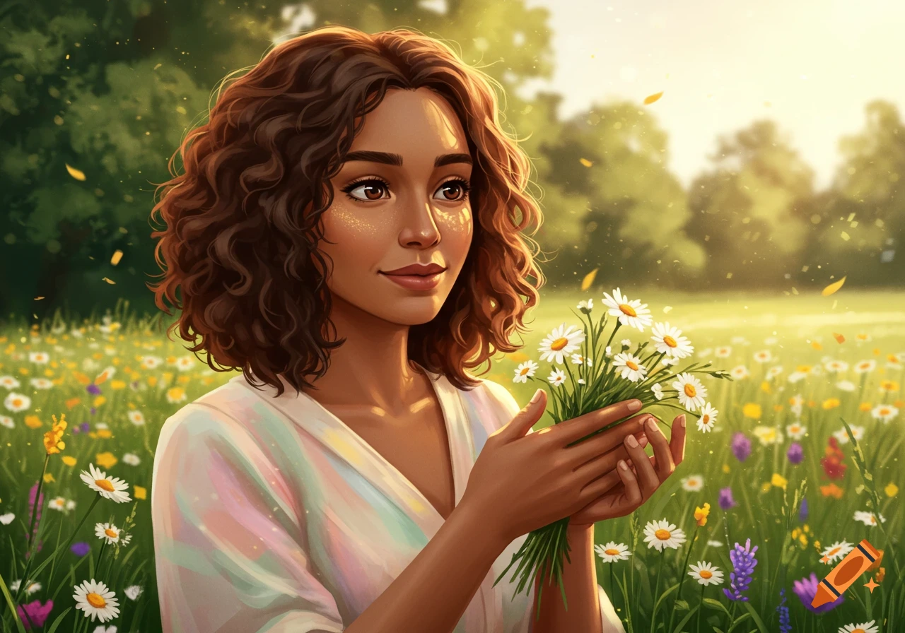 A young woman with curly brown hair stands in a field of daisies, holding a small bouquet of white flowers, in a vibrant illustration.