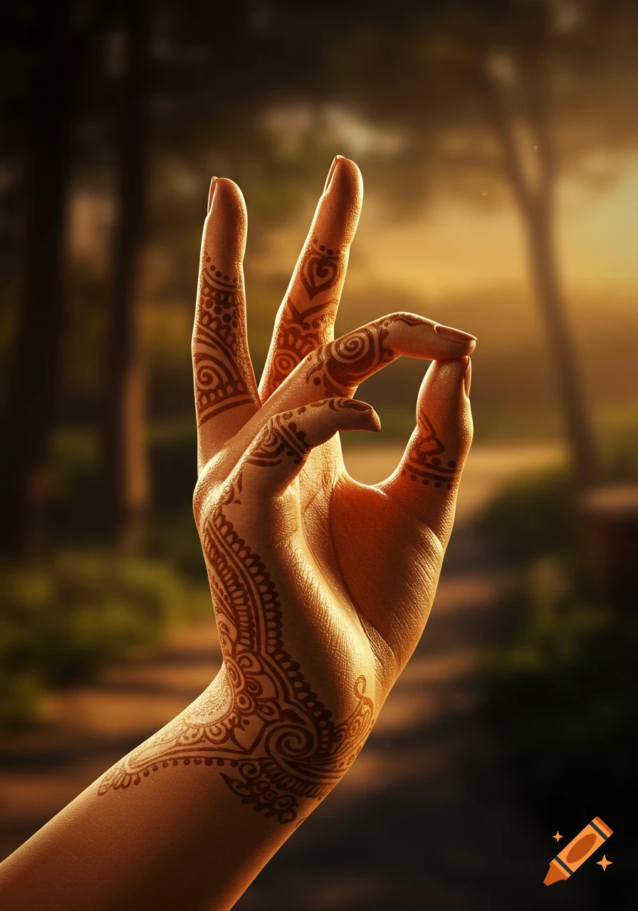 A photorealistic close-up of a hand adorned with intricate henna designs, forming a mudra against a blurred golden hour outdoor background.