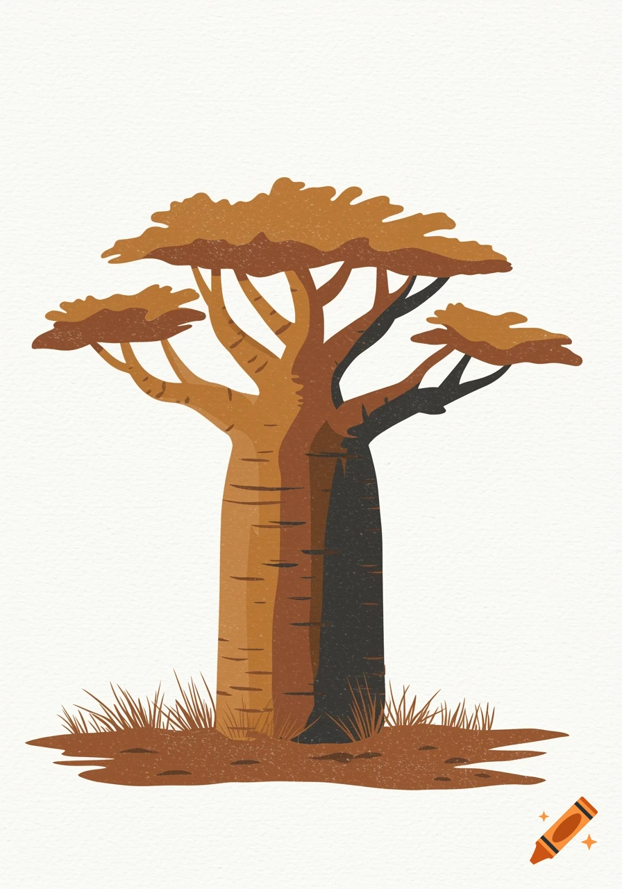 A minimalist graphic illustration of a baobab tree with brown and orange tones, set against a plain background.