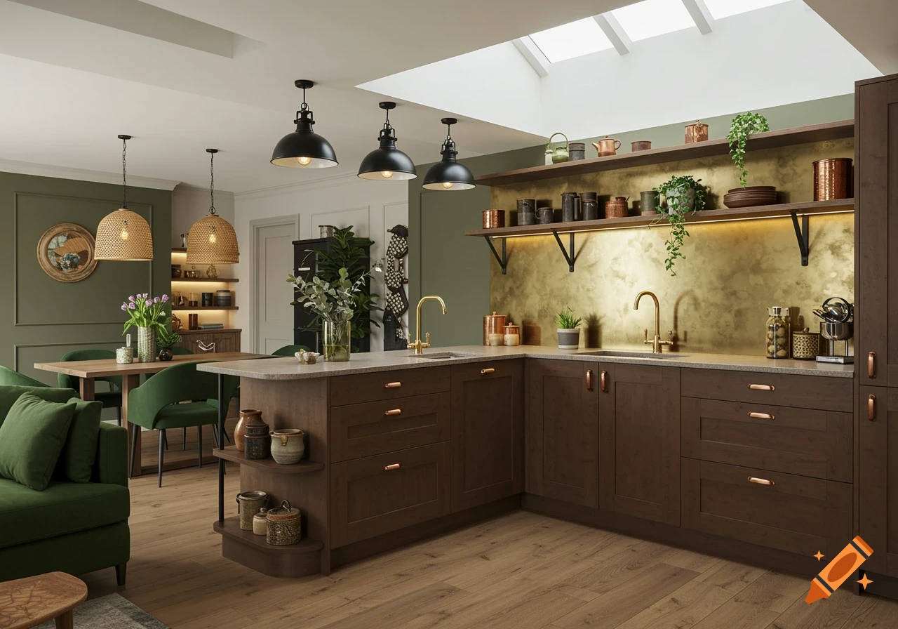 A warm, earthy industrial luxe kitchen and living area with green velvet sofas, dark wood cabinets, a gold splashback, and skylight.