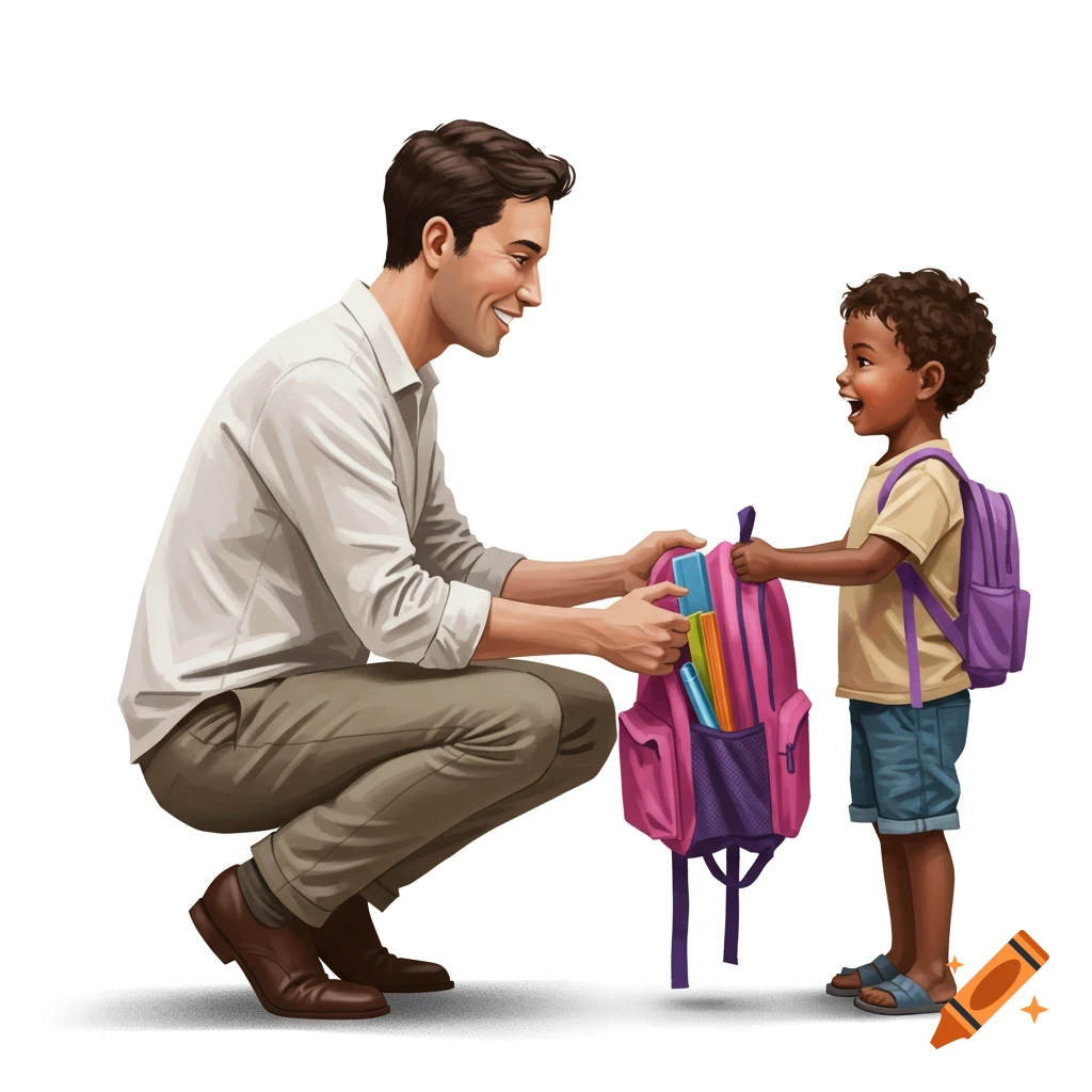 Smiling man helps a young boy put on a new pink backpack with school supplies, against a white background.