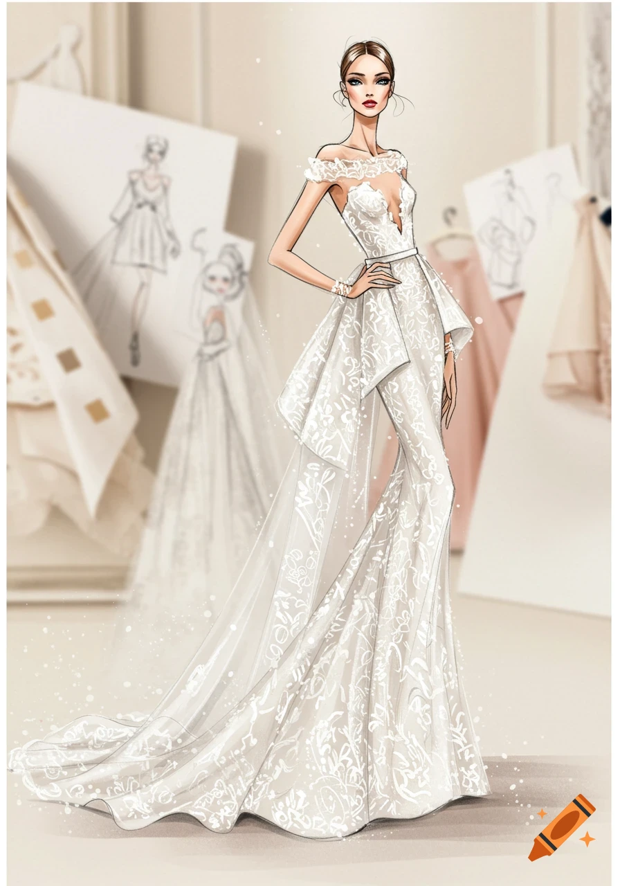 Fashion illustration of a woman in an elaborate white bridal gown with a long train and off-shoulder lace details.