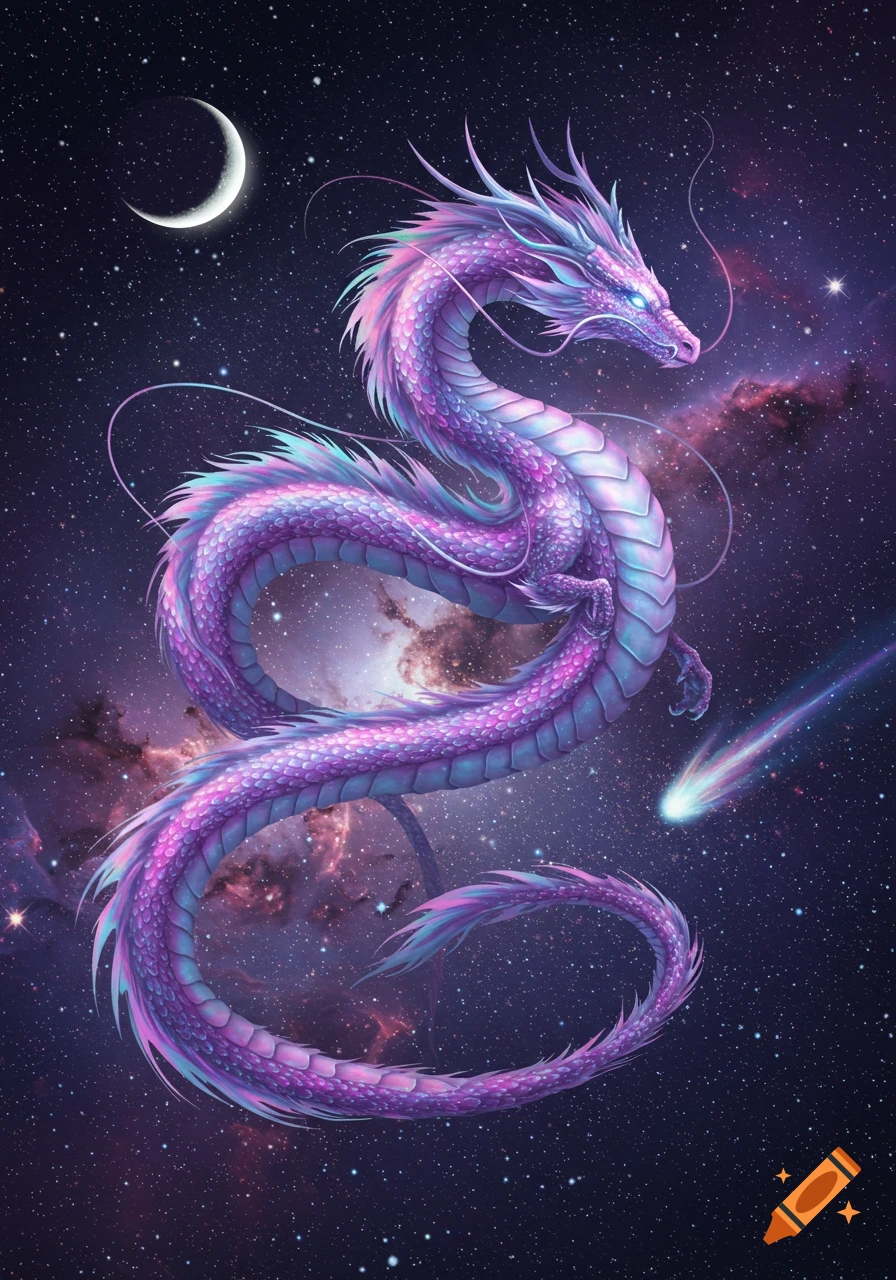 A majestic purple and blue cosmic dragon floats gracefully amidst a starry galaxy, with a crescent moon and a shooting comet visible.