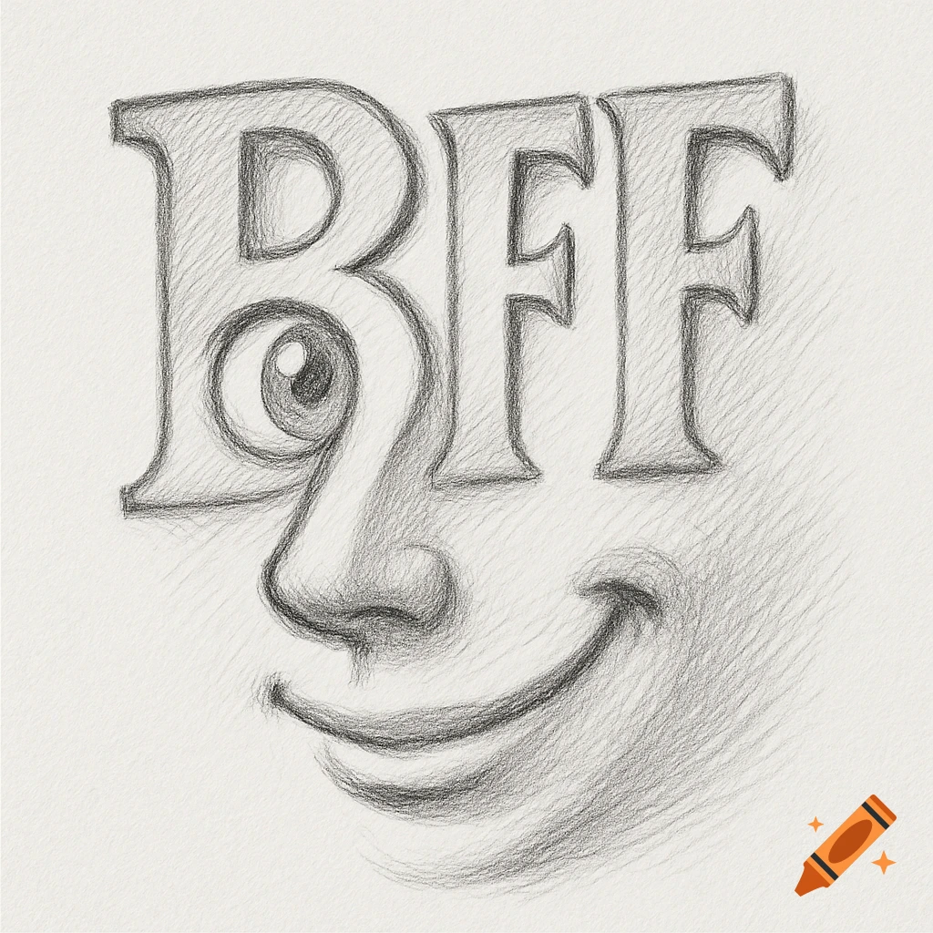 Pencil sketch of the word BFF, stylized so the letters form a smiling face looking to the right.