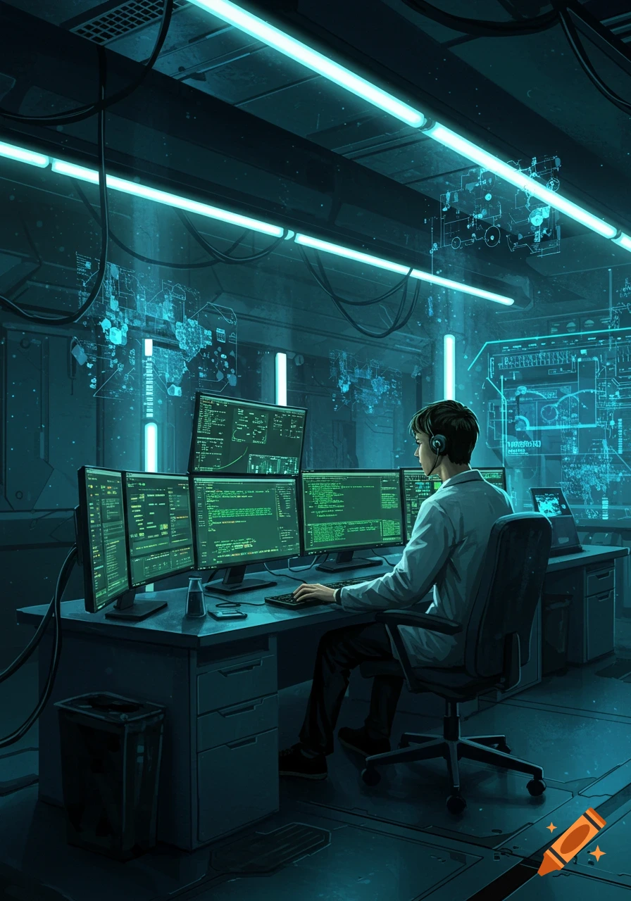 A computer scientist works in a dark, futuristic server room, illuminated by bright blue lights and multiple screens displaying green code.