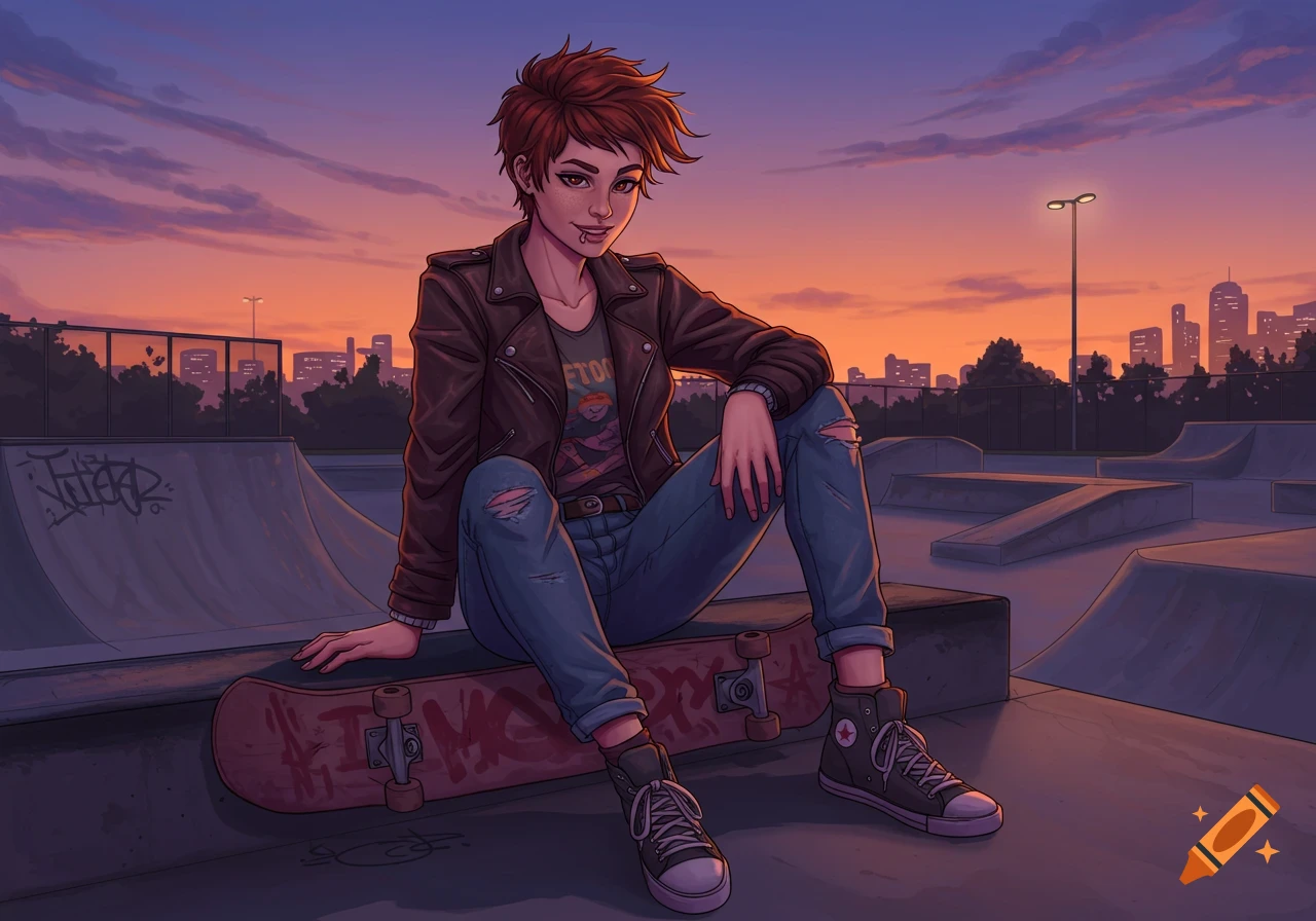 An animated tomboy with short red hair and a leather jacket sits on a skateboard in a skate park at sunset, city skyline in background.