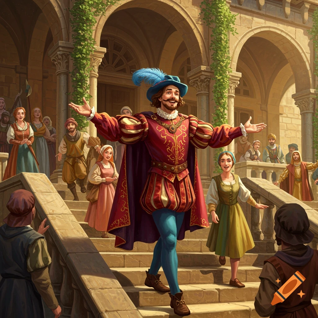 A joyful royal herald in red and gold attire invites people from the street up the steps of a grand stone building.