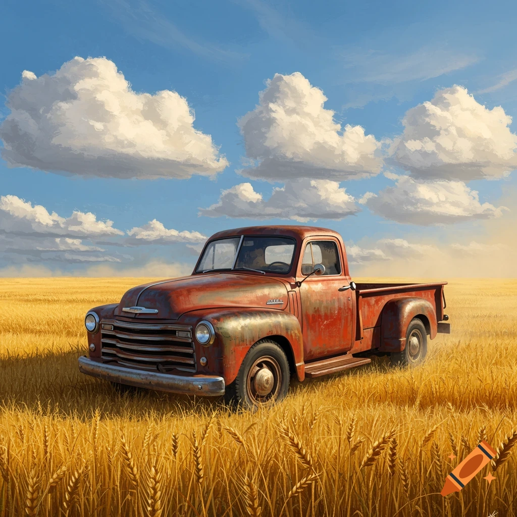 An old, rusty red pickup truck sits in a golden wheat field under a blue sky with white clouds, in a painterly style.