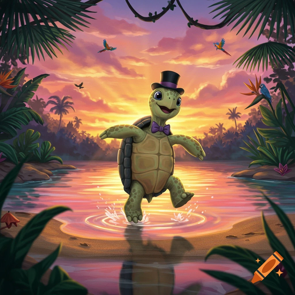 A cheerful cartoon turtle wearing a top hat and bow tie dances in tropical water at sunset, surrounded by palm trees and birds.